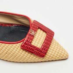 Carolina Herrera Red/Cream Lizard Embossed Leather and Raffia Heel Mules Size 36
