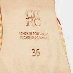 Carolina Herrera Red/Cream Lizard Embossed Leather and Raffia Heel Mules Size 36