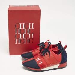 Carolina Herrera Red/Blue Leather and Suede Low Top Sneakers Size 38