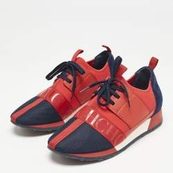 Carolina Herrera Red/Blue Leather and Suede Low Top Sneakers Size 38