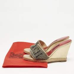 Carolina Herrera Gold Glitter and Leather Logo Wedge Sandals Size 37