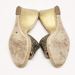 Carolina Herrera Gold Glitter and Leather Logo Wedge Sandals Size 37