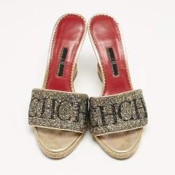 Carolina Herrera Gold Glitter and Leather Logo Wedge Sandals Size 37