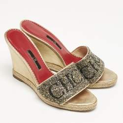 Carolina Herrera Gold Glitter and Leather Logo Wedge Sandals Size 37