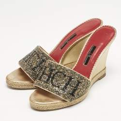 Carolina Herrera Gold Glitter and Leather Logo Wedge Sandals Size 37