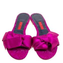 Carolina Herrera Fuchsia Pink Lace Bow Detail Flat Slides Size 39