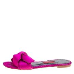 Carolina Herrera Fuchsia Pink Lace Bow Detail Flat Slides Size 39