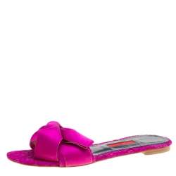 Carolina Herrera Fuchsia Pink Lace Bow Detail Flat Slides Size 39