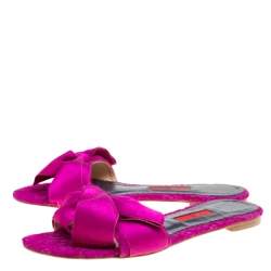 Carolina Herrera Fuchsia Pink Lace Bow Detail Flat Slides Size 39
