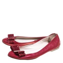 مملوكة مسبقًا CH Carolina Herrera Red Leather Bow Ballet Flats Size 39