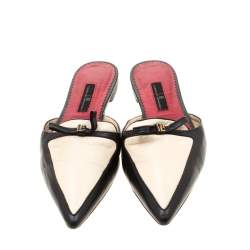 Pre Owned Carolina Herrera Black/Cream Leather Bow Detail Pointed Toe Mules Size 37