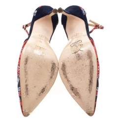 Pre Owned Carolina Herrera Blue Floral Printed Satin Pointed Toe Ankle Strap Sandals Size 38