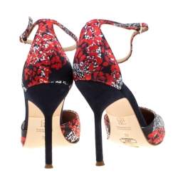 Pre Owned Carolina Herrera Blue Floral Printed Satin Pointed Toe Ankle Strap Sandals Size 38
