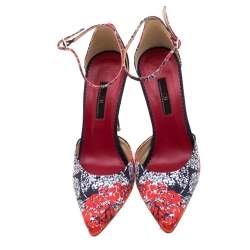 Pre Owned Carolina Herrera Blue Floral Printed Satin Pointed Toe Ankle Strap Sandals Size 38