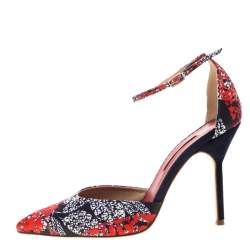 Pre Owned Carolina Herrera Blue Floral Printed Satin Pointed Toe Ankle Strap Sandals Size 38