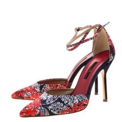 Pre Owned Carolina Herrera Blue Floral Printed Satin Pointed Toe Ankle Strap Sandals Size 38