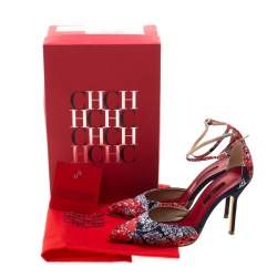 Pre Owned Carolina Herrera Blue Floral Printed Satin Pointed Toe Ankle Strap Sandals Size 38