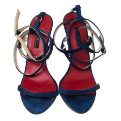 Pre Owned Carolina Herrera Navy Blue Strappy Suede Ankle Wrap Sandals Size 39