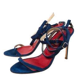Pre Owned Carolina Herrera Navy Blue Strappy Suede Ankle Wrap Sandals Size 39