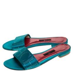  Carolina Herrera Teal Satin Logo Embellished Flat Slides Size 37