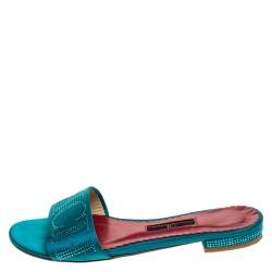  Carolina Herrera Teal Satin Logo Embellished Flat Slides Size 37
