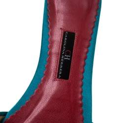  Carolina Herrera Teal Satin Logo Embellished Flat Slides Size 37