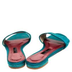  Carolina Herrera Teal Satin Logo Embellished Flat Slides Size 37