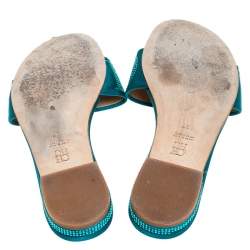  Carolina Herrera Teal Satin Logo Embellished Flat Slides Size 37