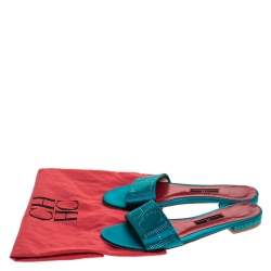  Carolina Herrera Teal Satin Logo Embellished Flat Slides Size 37