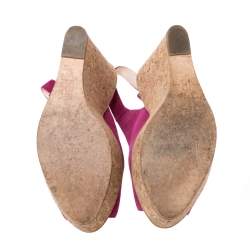 Pre Owned CH Carolina Herrera Pink Suede Cork Wedge Platform Peep Toe Slingback Sandals Size 37