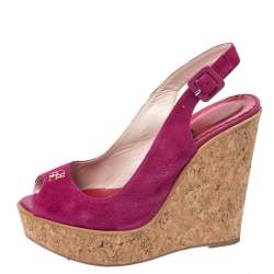 Pre Owned CH Carolina Herrera Pink Suede Cork Wedge Platform Peep Toe Slingback Sandals Size 37