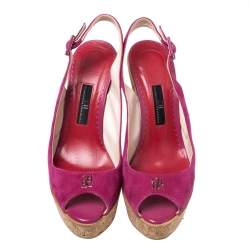 Pre Owned CH Carolina Herrera Pink Suede Cork Wedge Platform Peep Toe Slingback Sandals Size 37