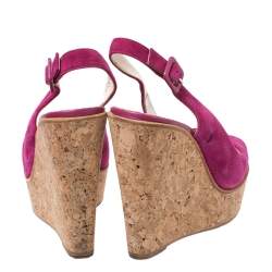 Pre Owned CH Carolina Herrera Pink Suede Cork Wedge Platform Peep Toe Slingback Sandals Size 37