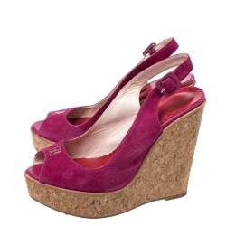 Pre Owned CH Carolina Herrera Pink Suede Cork Wedge Platform Peep Toe Slingback Sandals Size 37
