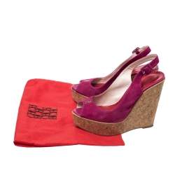 Pre Owned CH Carolina Herrera Pink Suede Cork Wedge Platform Peep Toe Slingback Sandals Size 37
