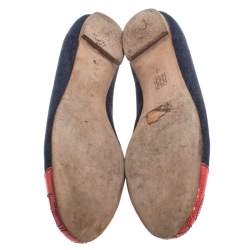 Pre Owned Carolina Herrera Blue Denim And Orange Patent Leather Logo Cap Toe Ballet Flats Size 38