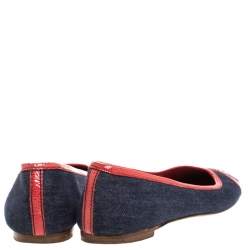 Pre Owned Carolina Herrera Blue Denim And Orange Patent Leather Logo Cap Toe Ballet Flats Size 38