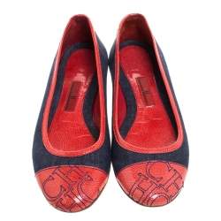 Pre Owned Carolina Herrera Blue Denim And Orange Patent Leather Logo Cap Toe Ballet Flats Size 38