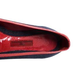Pre Owned Carolina Herrera Blue Denim And Orange Patent Leather Logo Cap Toe Ballet Flats Size 38
