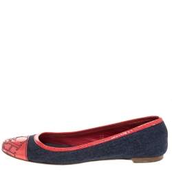 Pre Owned Carolina Herrera Blue Denim And Orange Patent Leather Logo Cap Toe Ballet Flats Size 38