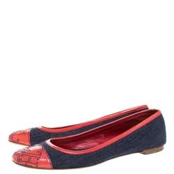 Pre Owned Carolina Herrera Blue Denim And Orange Patent Leather Logo Cap Toe Ballet Flats Size 38