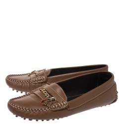 Pre Owned Carolina Herrera Brown Leather Chain Detail Loafers Size 37