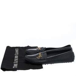 Pre Owned Carolina Herrera Navy Blue Leather Logo Chain Loafers Size 39