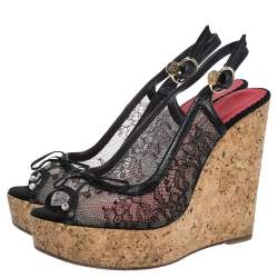 Pre Owned Carolina Herrera Black Lace And Leather Trim Peep Toe Cork Wedge Sandals Size 38