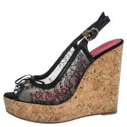Pre Owned Carolina Herrera Black Lace And Leather Trim Peep Toe Cork Wedge Sandals Size 38
