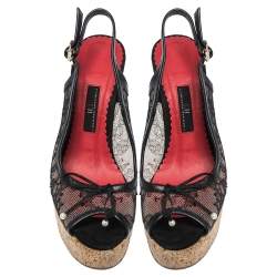 Pre Owned Carolina Herrera Black Lace And Leather Trim Peep Toe Cork Wedge Sandals Size 38