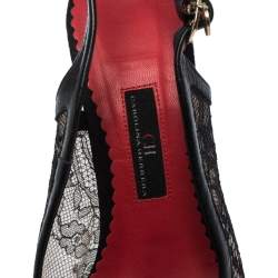 Pre Owned Carolina Herrera Black Lace And Leather Trim Peep Toe Cork Wedge Sandals Size 38