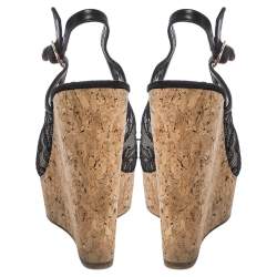 Pre Owned Carolina Herrera Black Lace And Leather Trim Peep Toe Cork Wedge Sandals Size 38