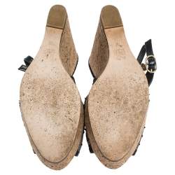 Pre Owned Carolina Herrera Black Lace And Leather Trim Peep Toe Cork Wedge Sandals Size 38