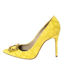 Pre Owned Carolina Herrera Yellow Lace And Satin Crystal Embellished Pointed Toe Pumps Size 40